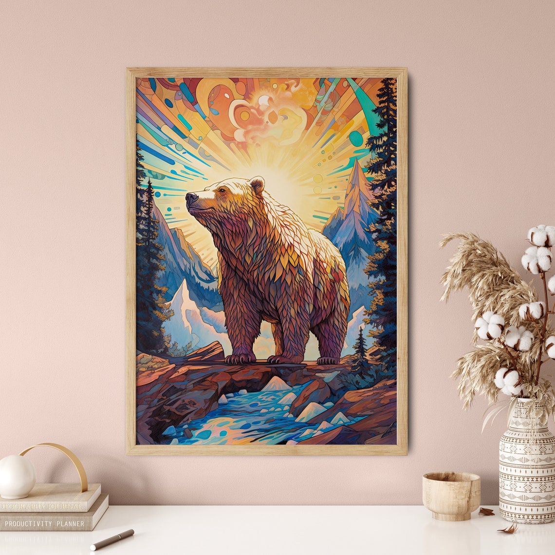 Bear Mountain Sunrise Mosaic Style Colorful Wildlife Art Print - Image 5