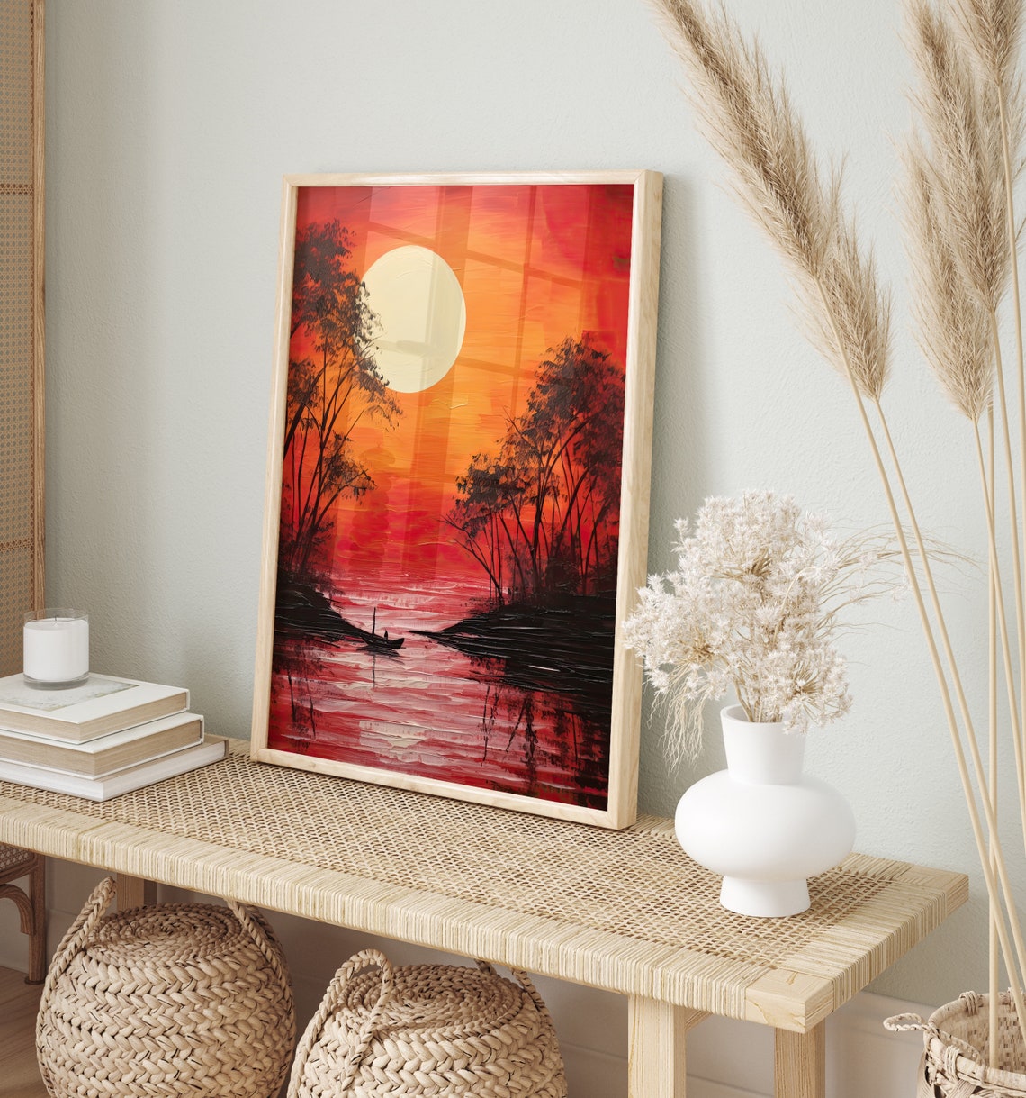 Fiery Red Sunset Lake Black Trees Silhouette Boat Art Poster - Image 2