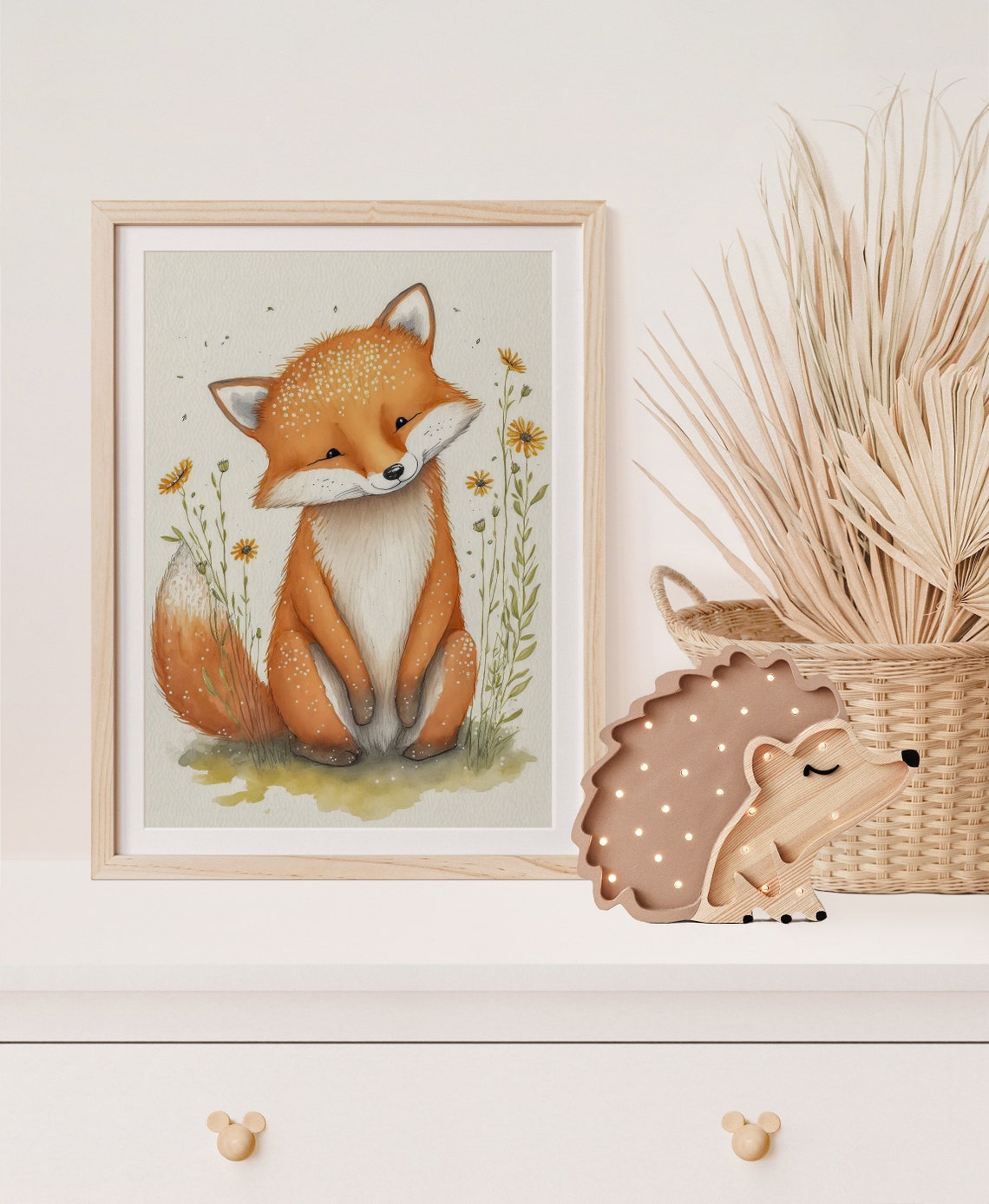 Winking Fox Cub Daisy Flowers Watercolor Nursery Decor Art Poster - Image 5