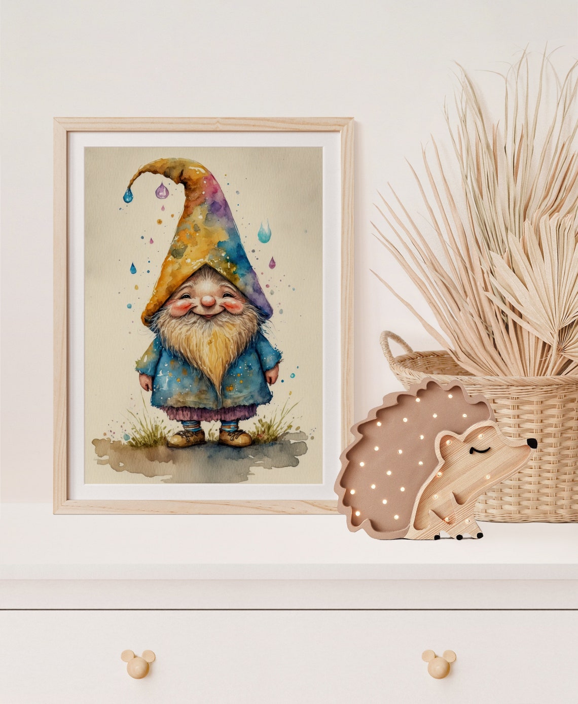 Smiling Gnome Rainbow Pointy Hat Watercolor Nursery Art Poster - Image 5