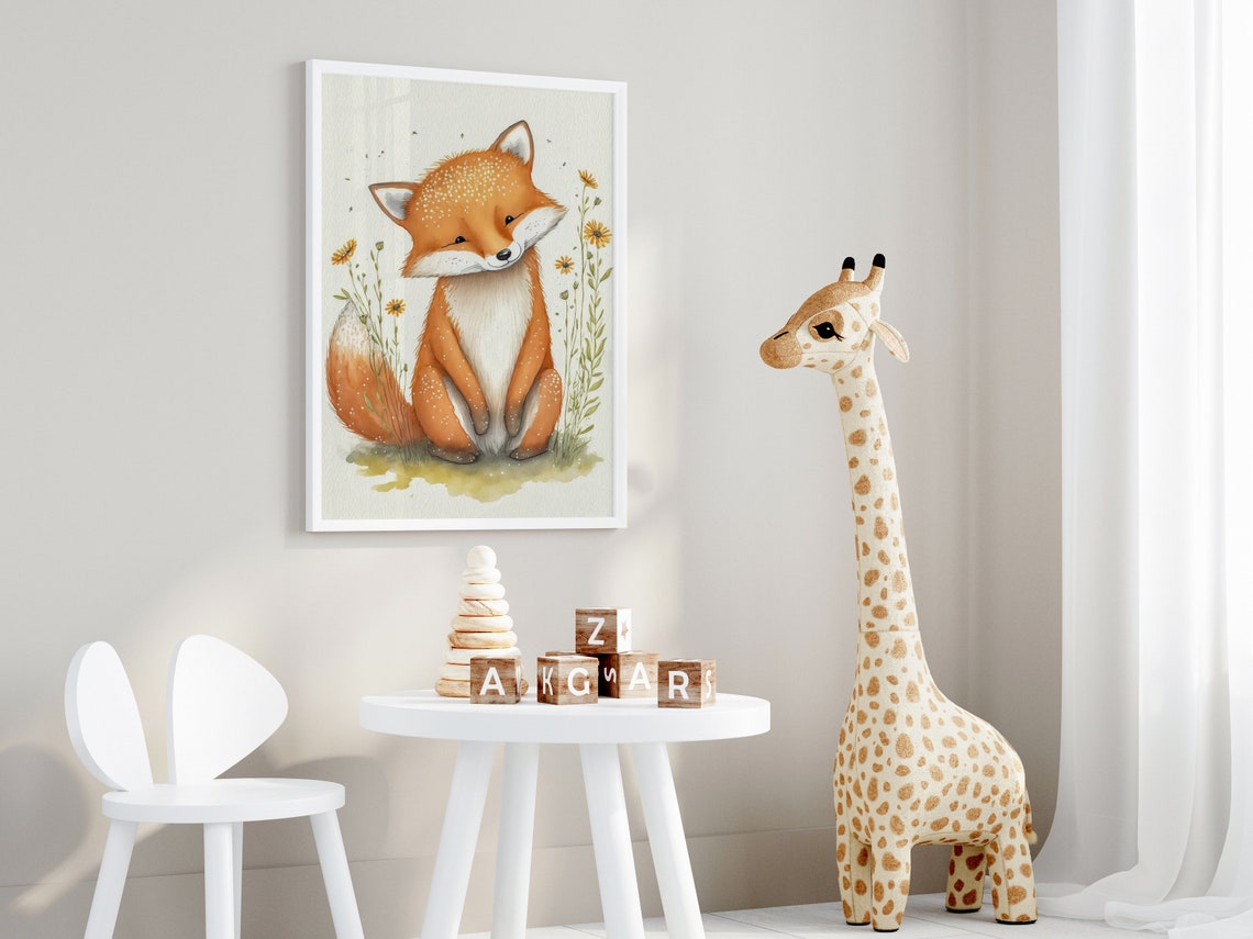 Winking Fox Cub Daisy Flowers Watercolor Nursery Decor Art Poster - Image 4