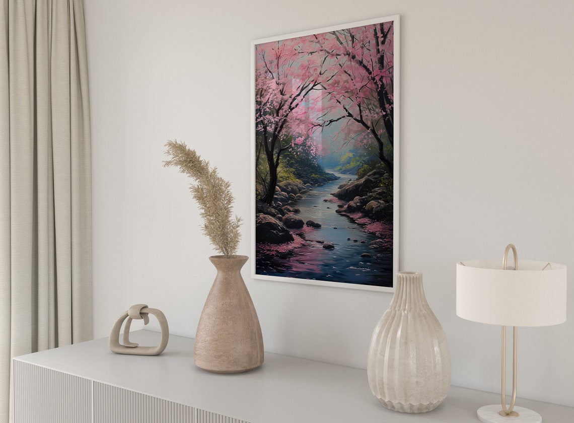 Cherry Blossom Trees Over Misty Rocky River Spring Scene Poster - Image 3