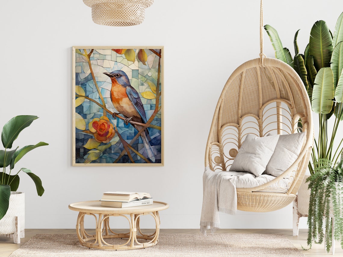 Bluebird Branch Stained Glass Mosaic Autumn Leaves Art Poster - Image 4