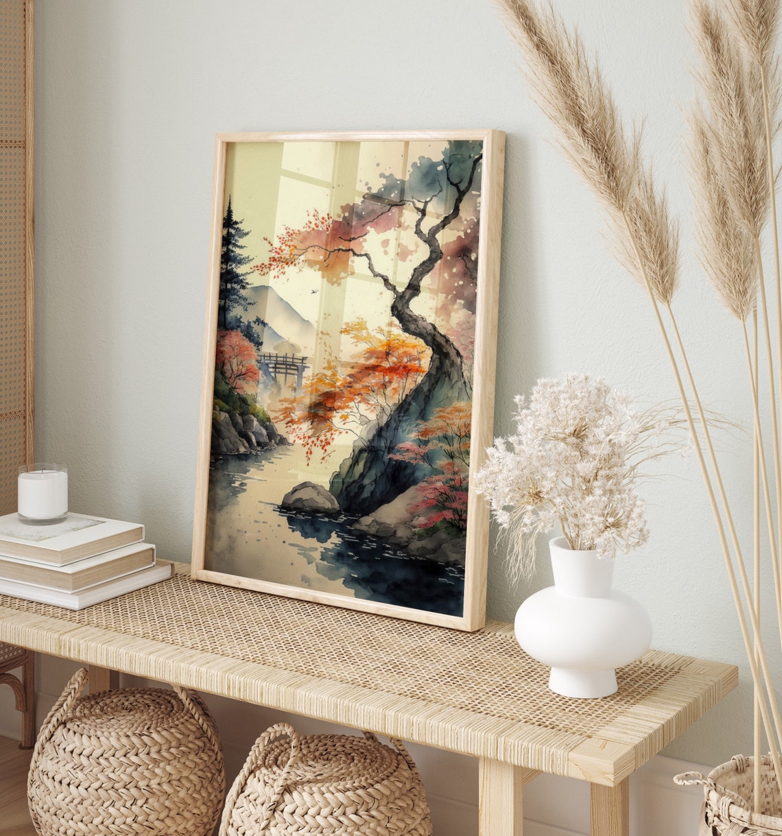 Japanese Autumn Maple Trees River Bridge Mountain View Poster - Image 5