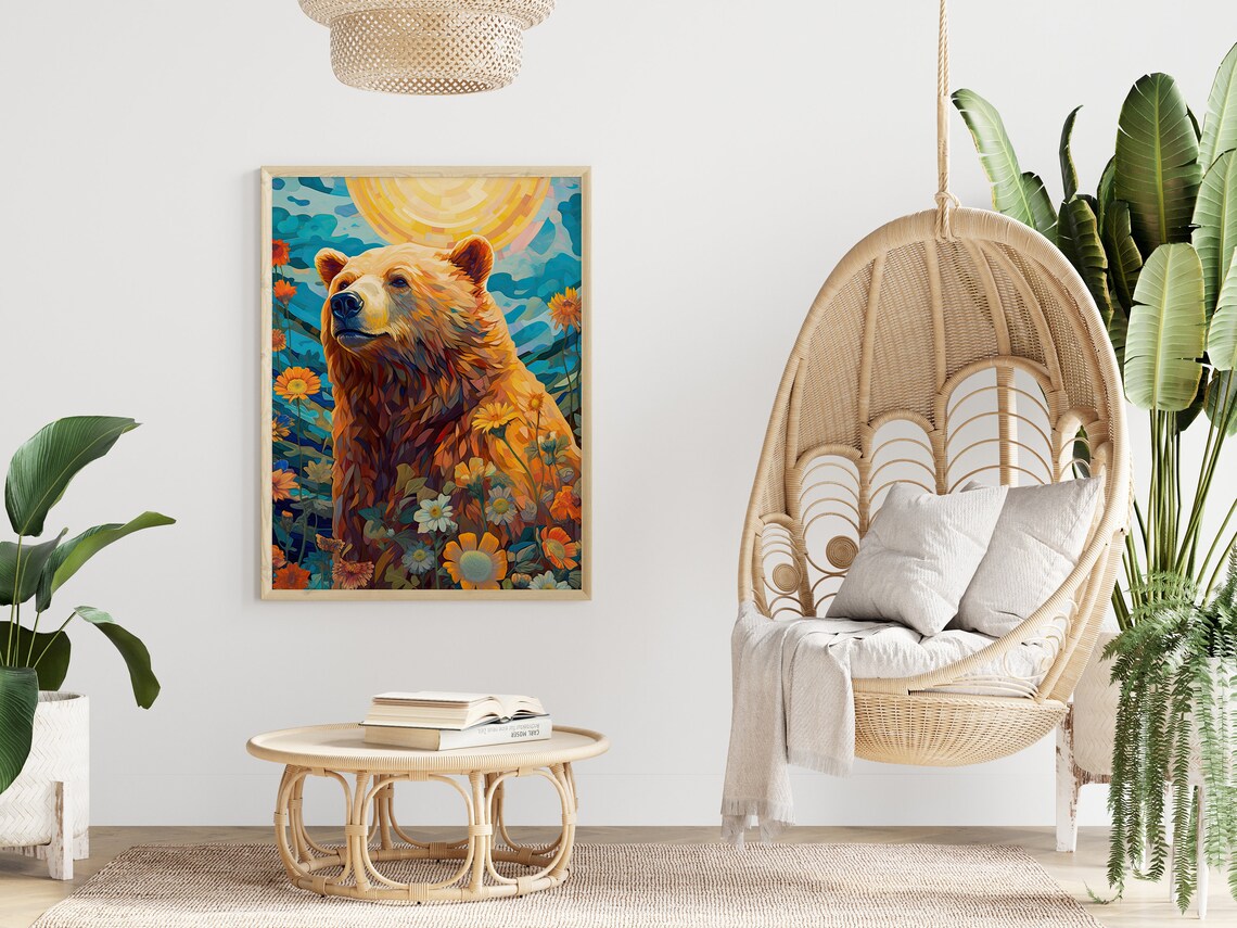 Bear Among Wildflowers Mosaic Sunset Wildlife Art Style Poster - Image 4