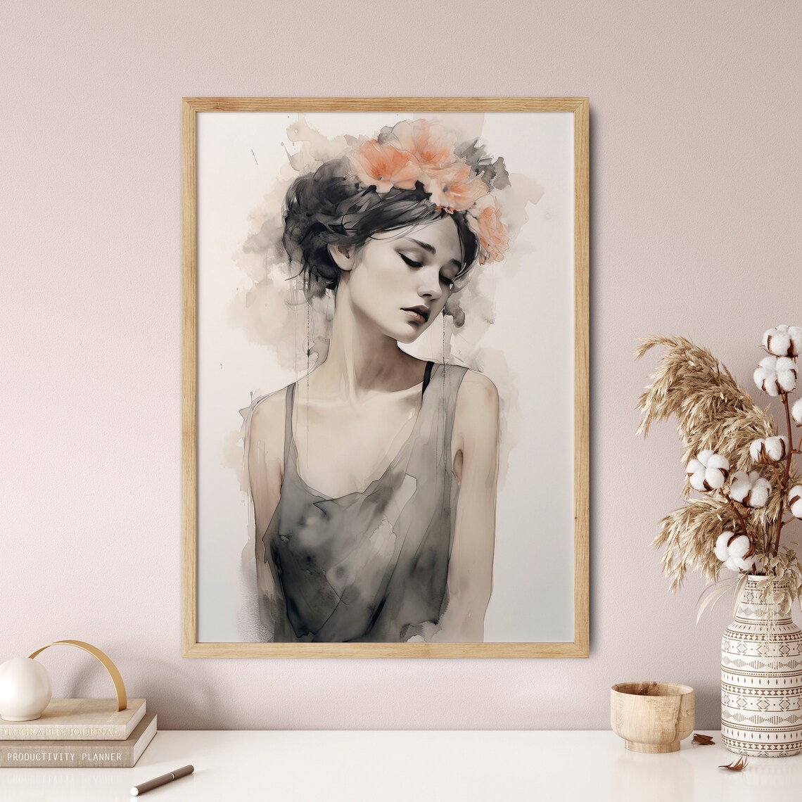 Watercolor Boho Woman Portrait With Floral Crown Soft Neutral Poster - Image 5