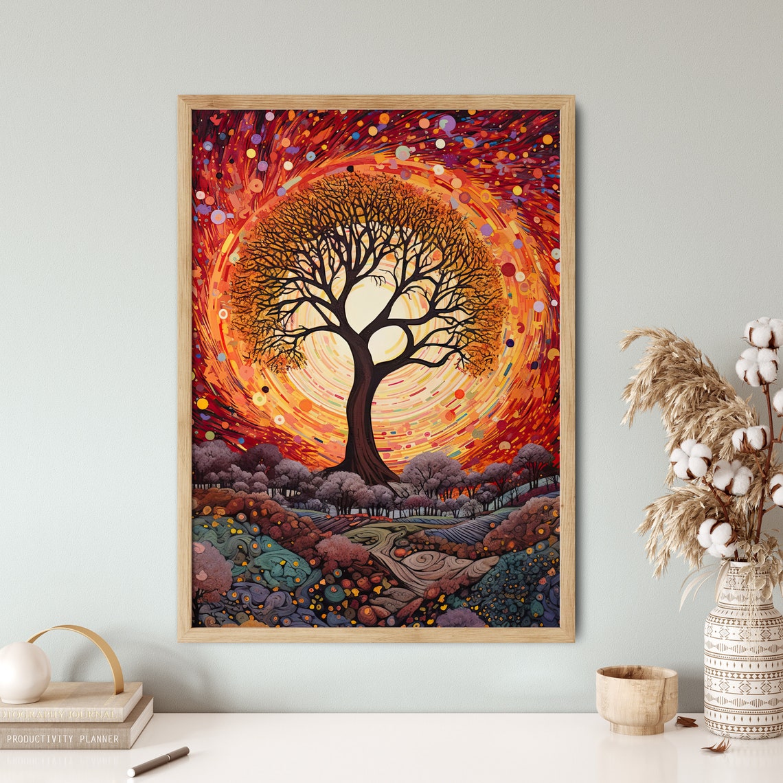 Red Sunset Tree of Life Mosaic Night Sky Vibrant Landscape Poster - Image 5
