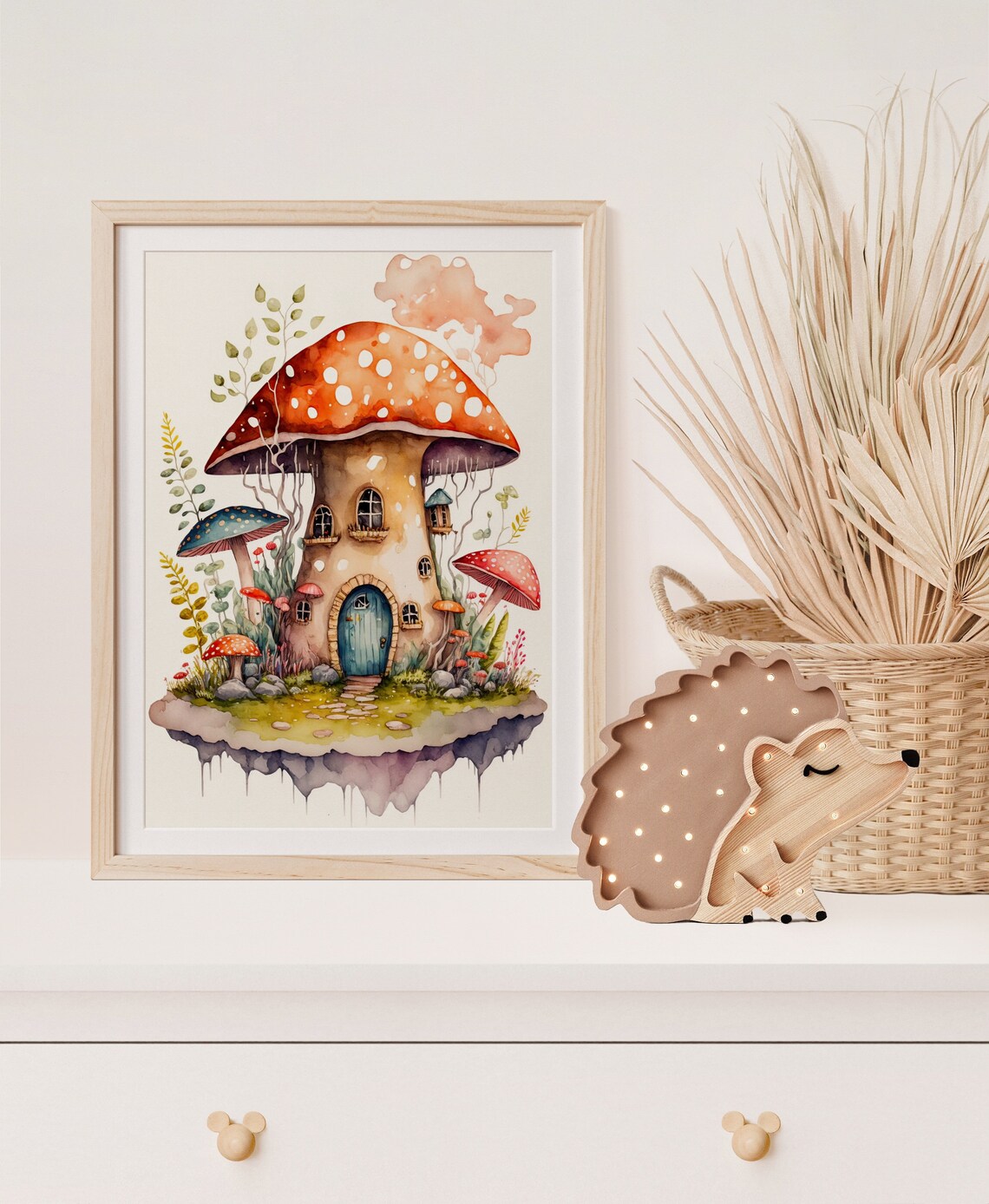 Mushroom House Floating Island Blue Door Watercolor Art Poster - Image 5