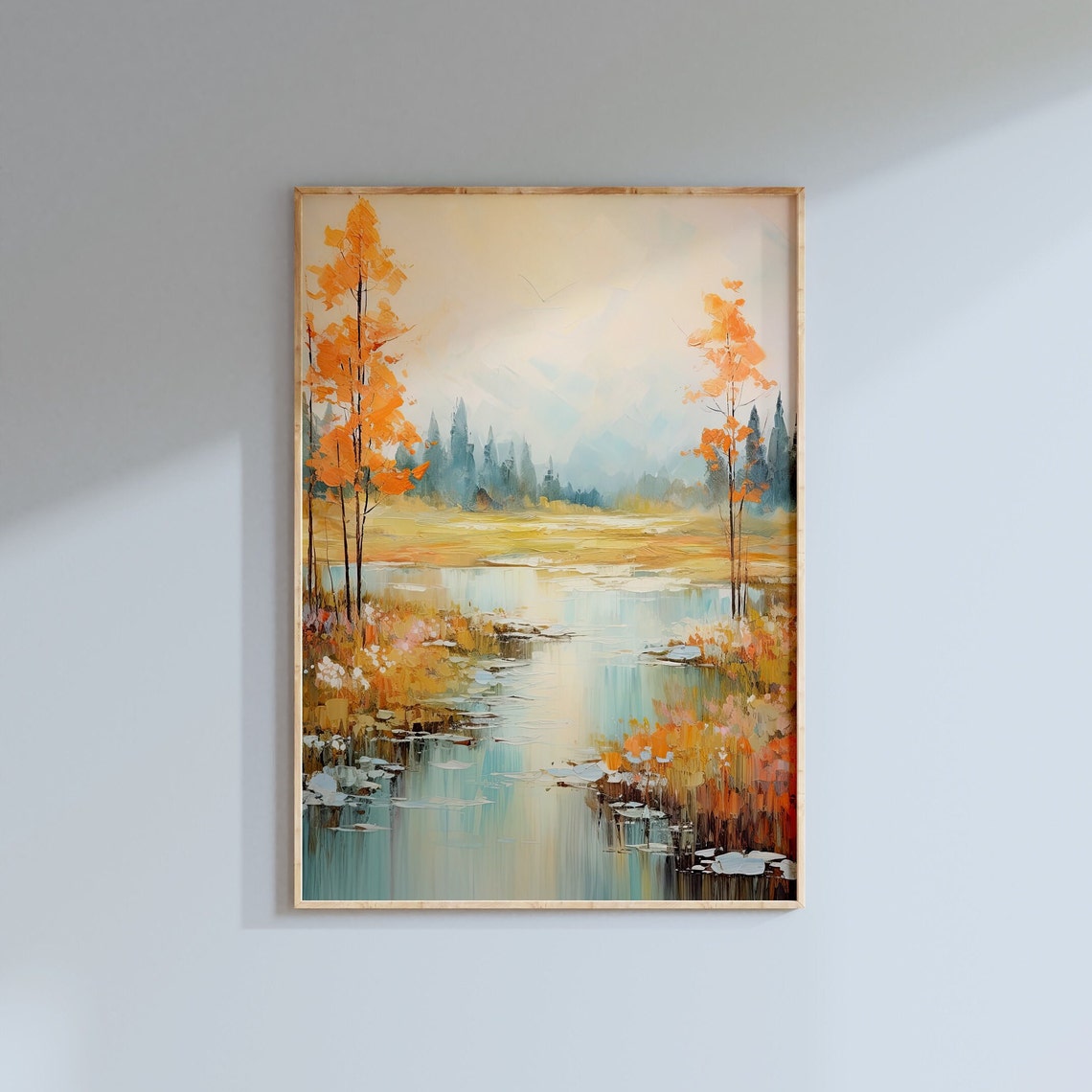 Orange Autumn Trees By Misty Wetland River Impressionist Poster - Image 2