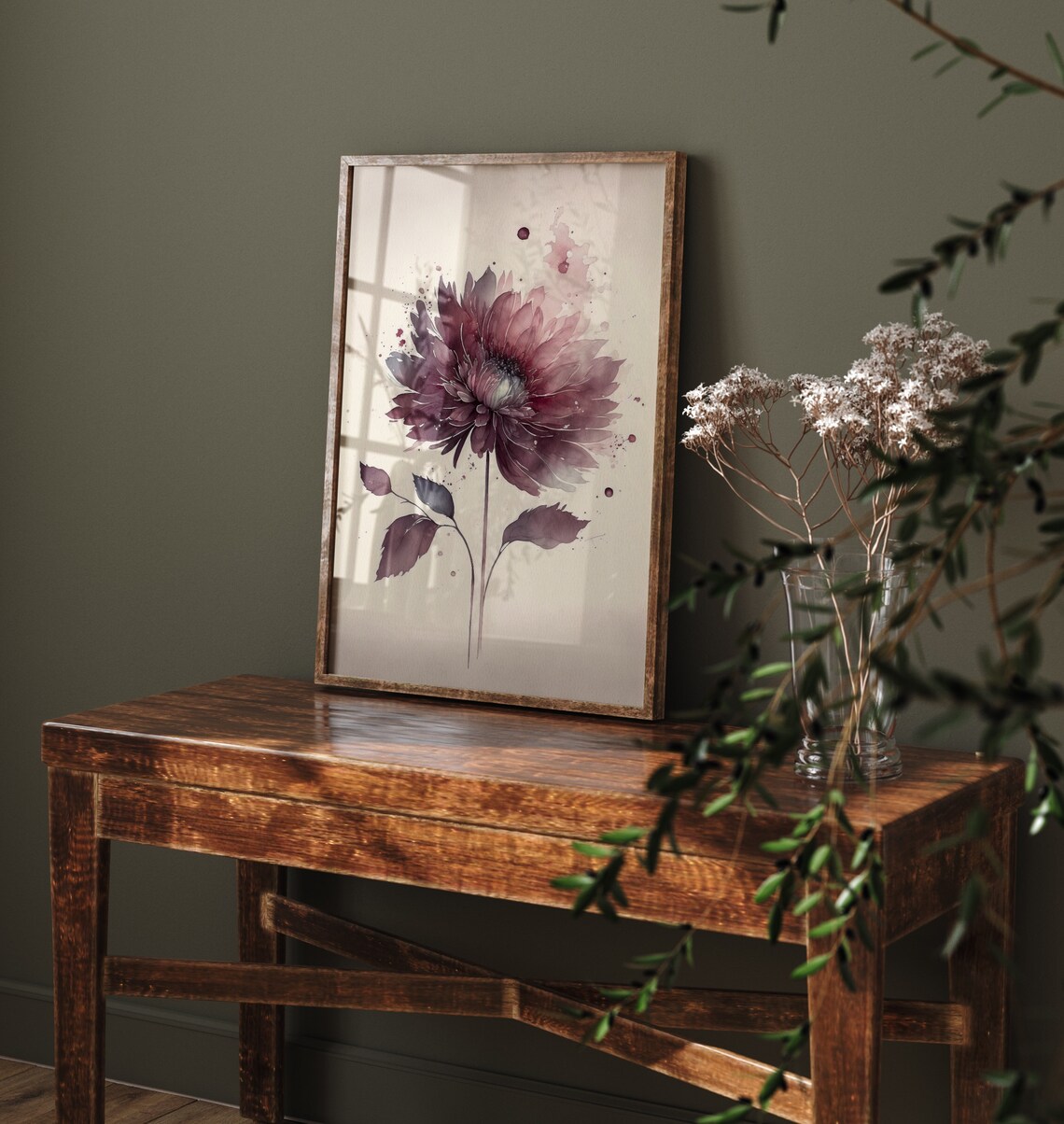 Watercolor Burgundy Dahlia Minimal Floral Beige Botanical Poster - Image 4