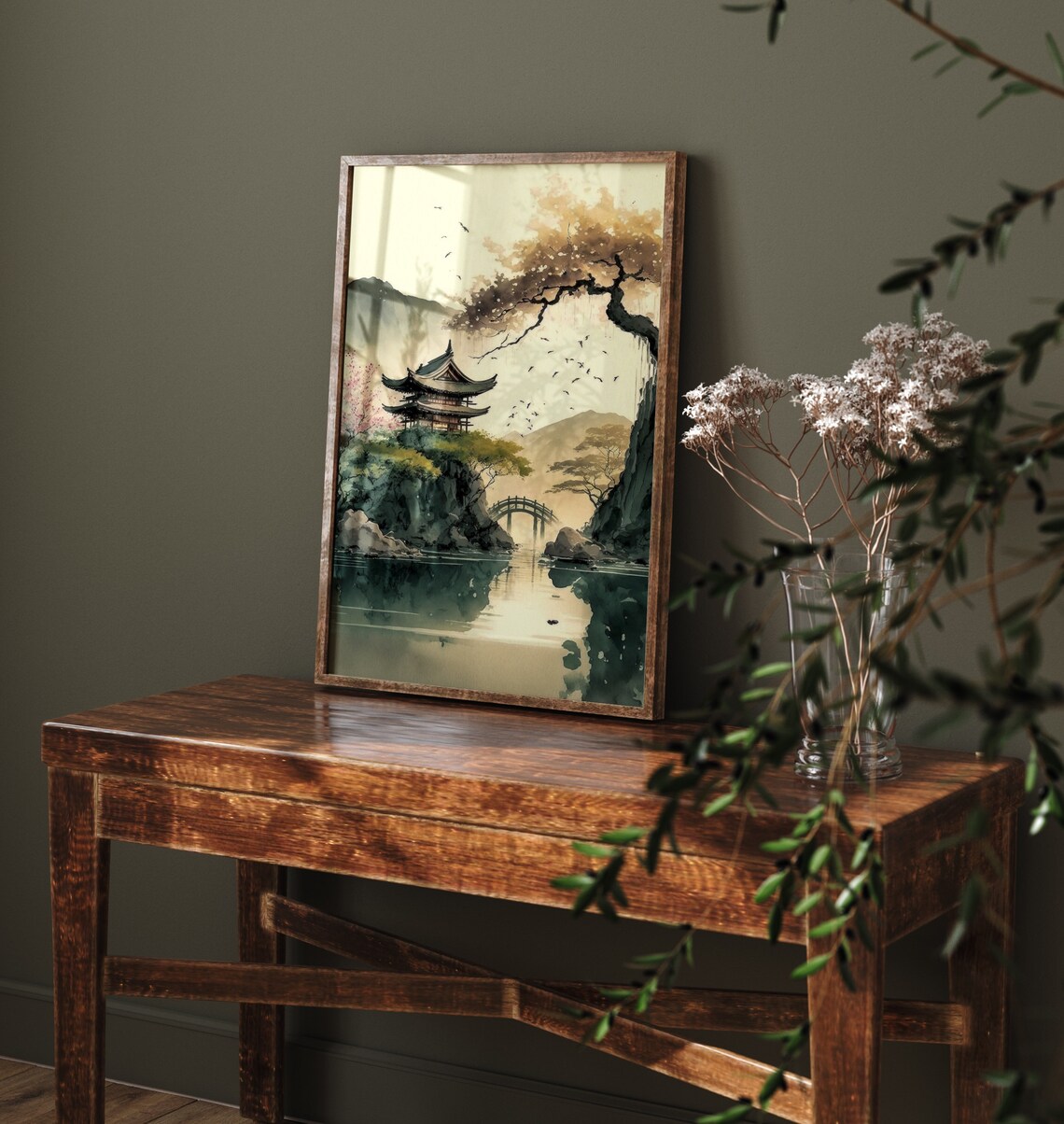 Japanese Pagoda Golden Sunset Lake Bridge Cherry Blossom Poster - Image 2