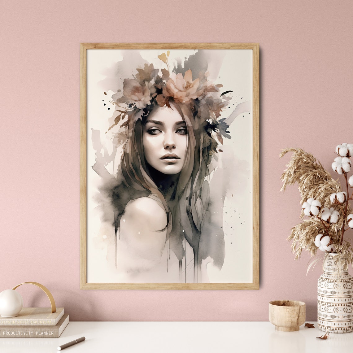 Watercolor Woman Floral Crown Portrait Elegant Neutral Boho Art Print - Image 5