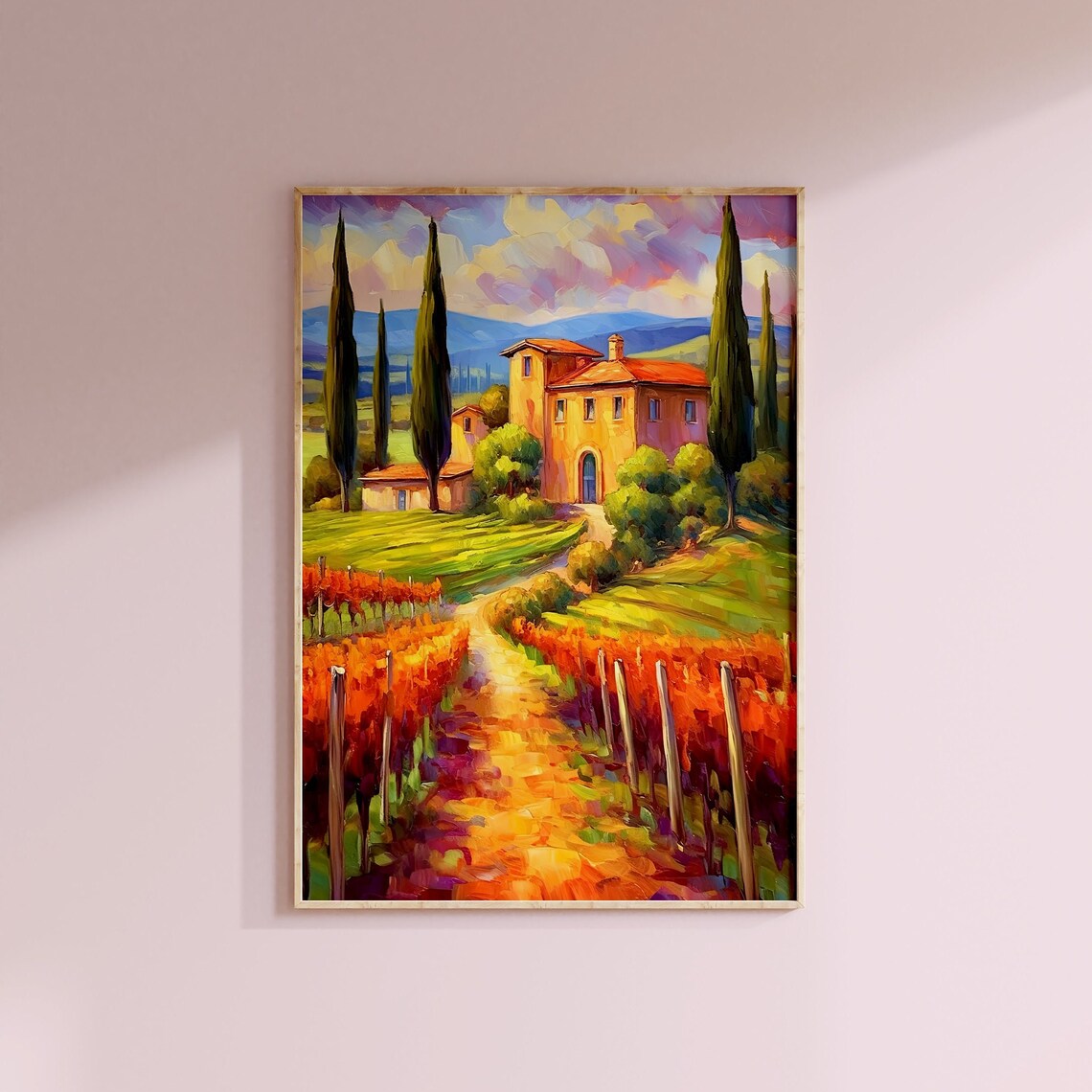 Vibrant Tuscan Villa Cypress Orange Vineyard Oil Style Art Print - Image 4