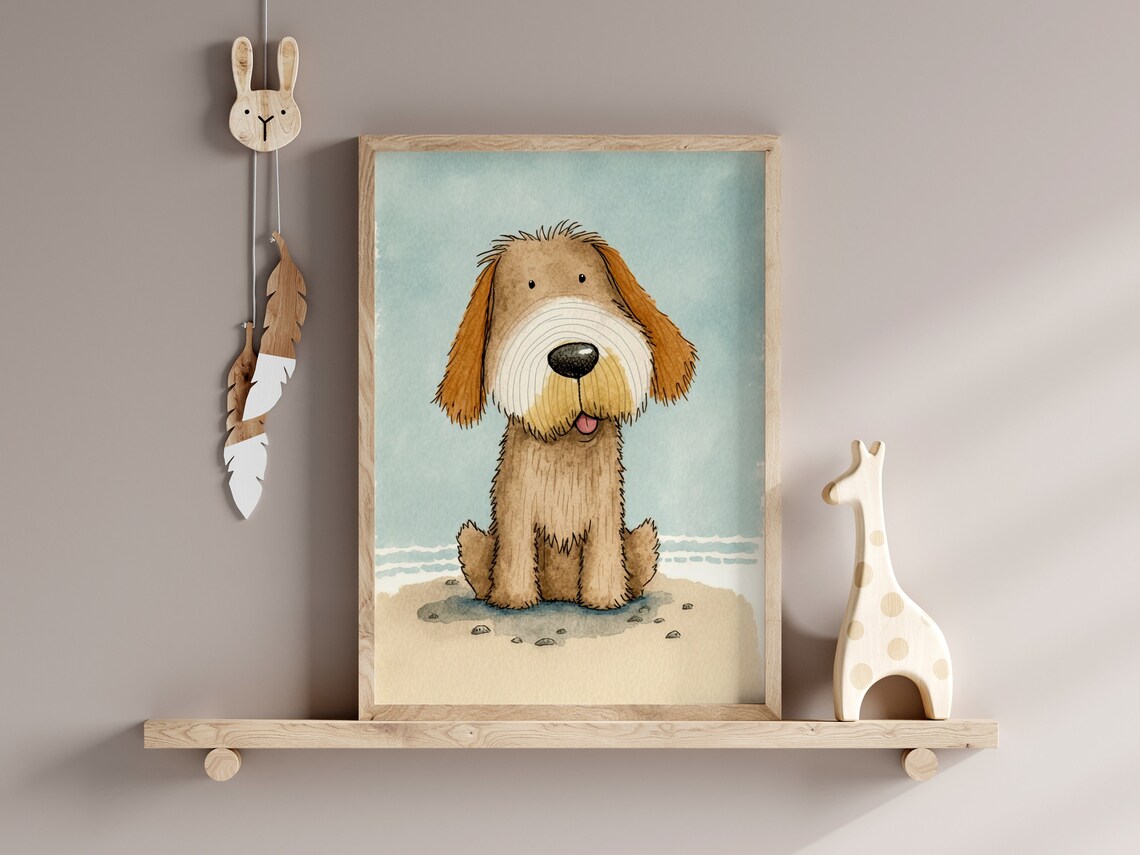Cute Shaggy Brown Dog on Beach Watercolor Nursery Kids Art Print - Image 2