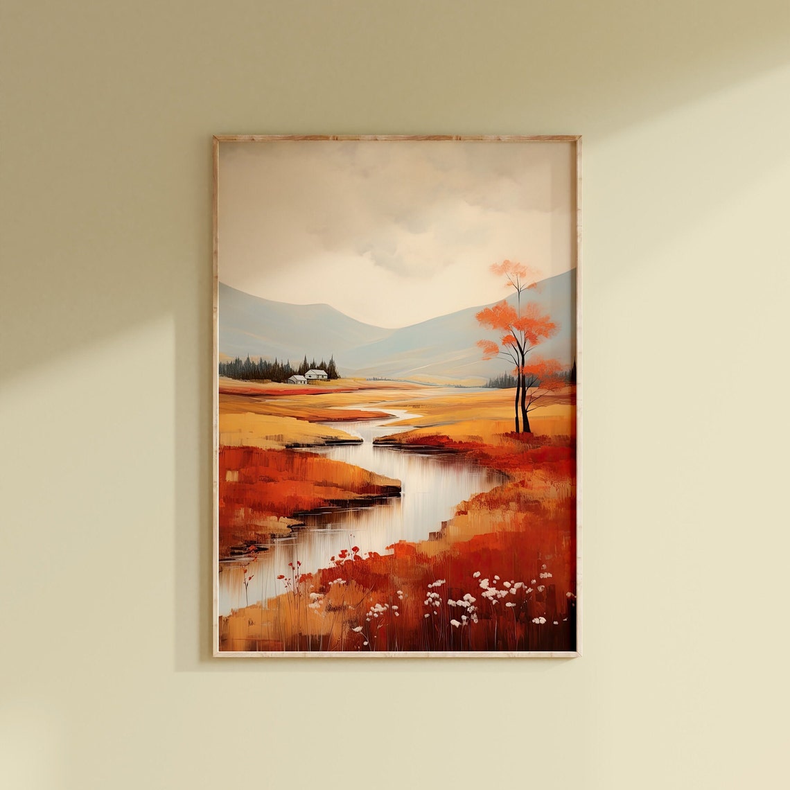 Autumn River Valley Orange Red Hills Rustic Cabin Landscape Poster - Image 3