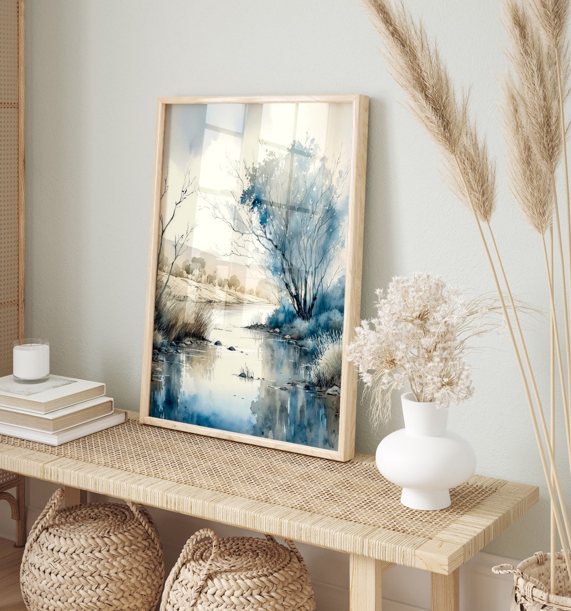 Soft Blue Riverside Watercolor Peaceful Trees And Grasses Poster - Image 4