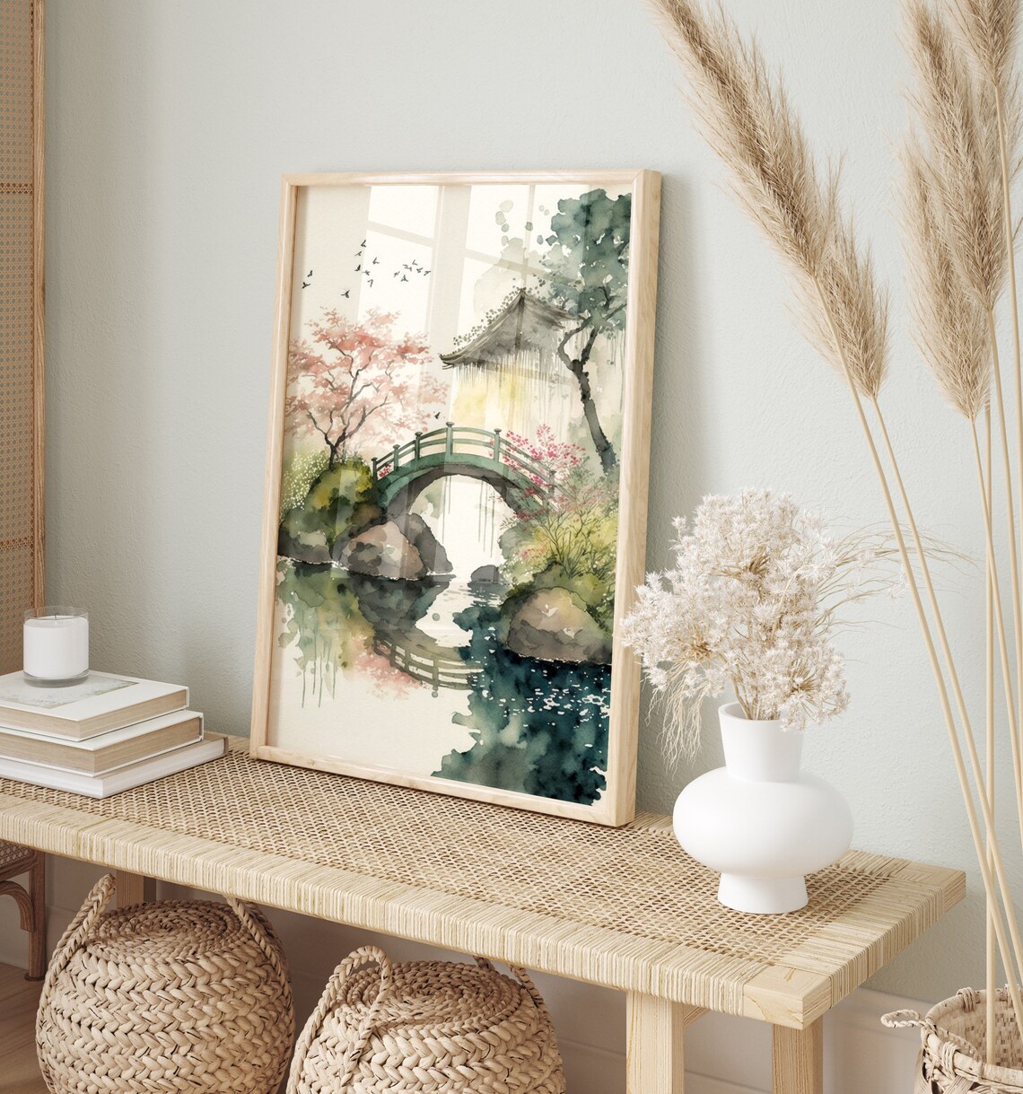 Japanese Garden Bridge Pagoda Cherry Blossom Watercolor Art Print - Image 5