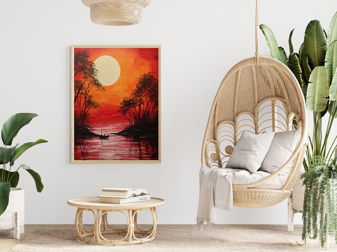 Fiery Red Sunset Lake Black Trees Silhouette Boat Art Poster - Image 4