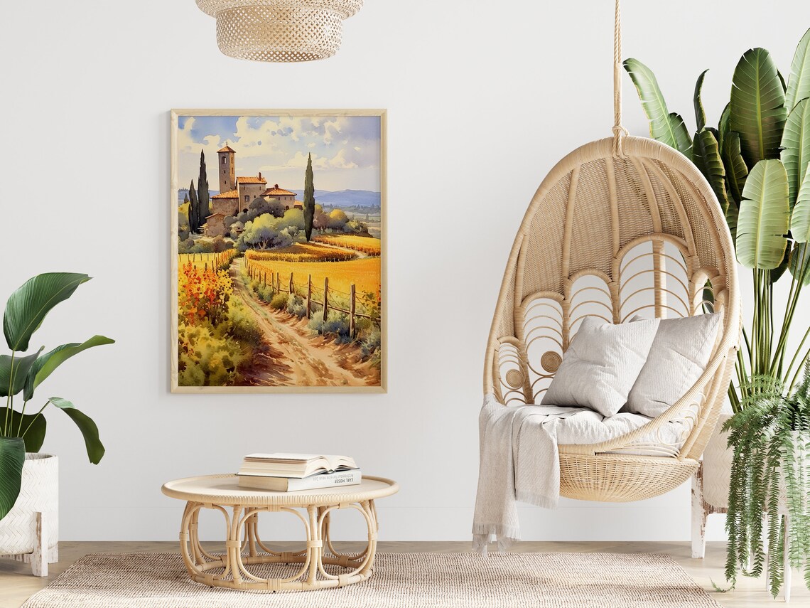 Tuscan Church Bell Tower Vineyard Watercolor Italy Landscape Poster - Image 4
