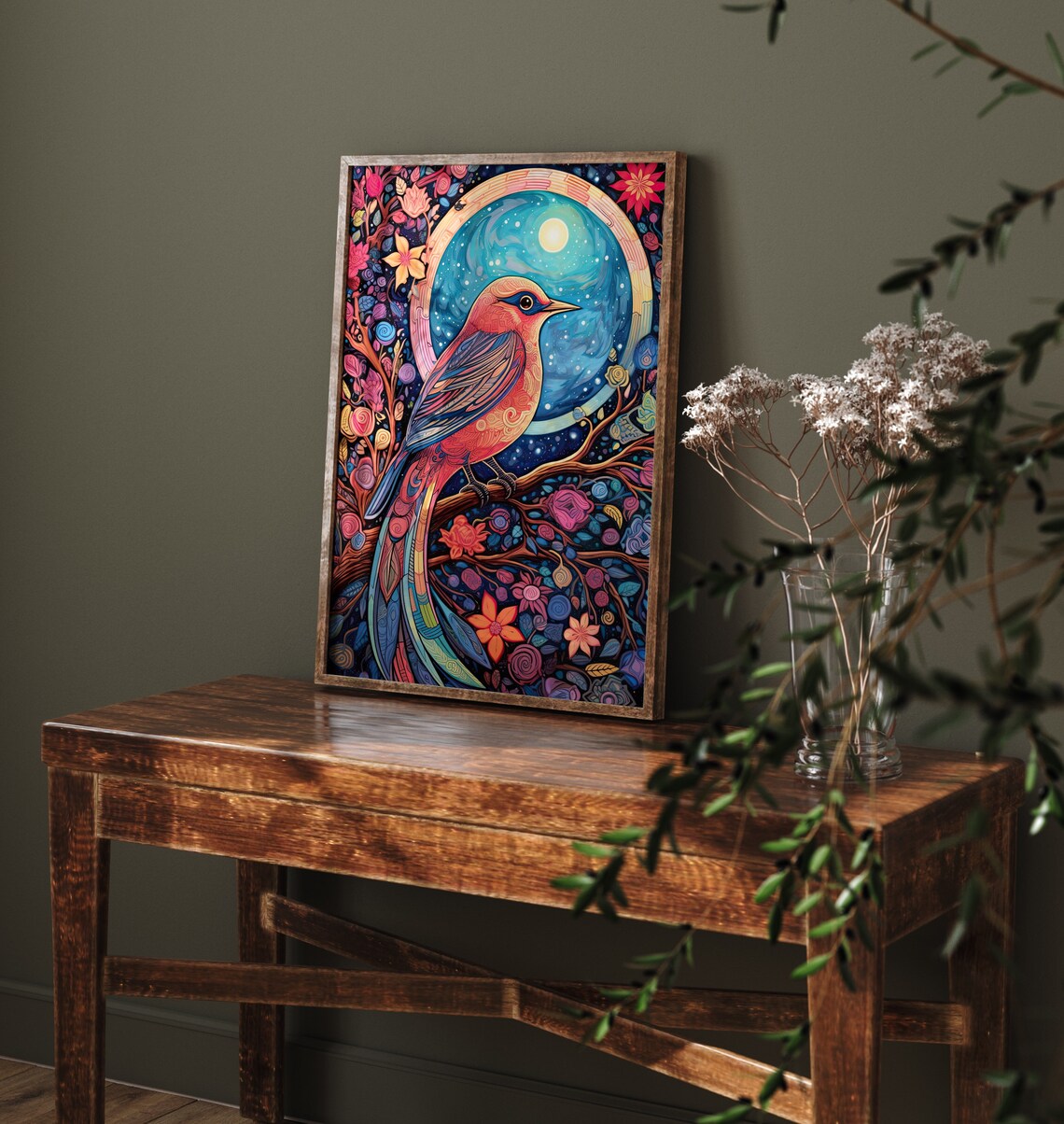 Red Bird Full Moon Floral Night Sky Stained Glass Art Poster - Image 4