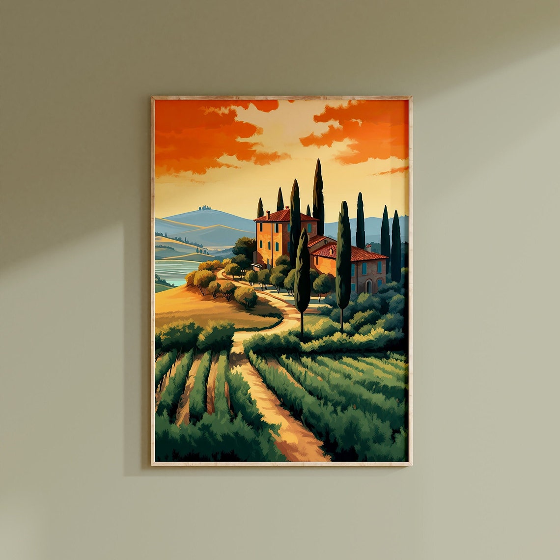 Tuscan Villa Sunset Vineyard Cypress Orange Sky Landscape Poster - Image 3