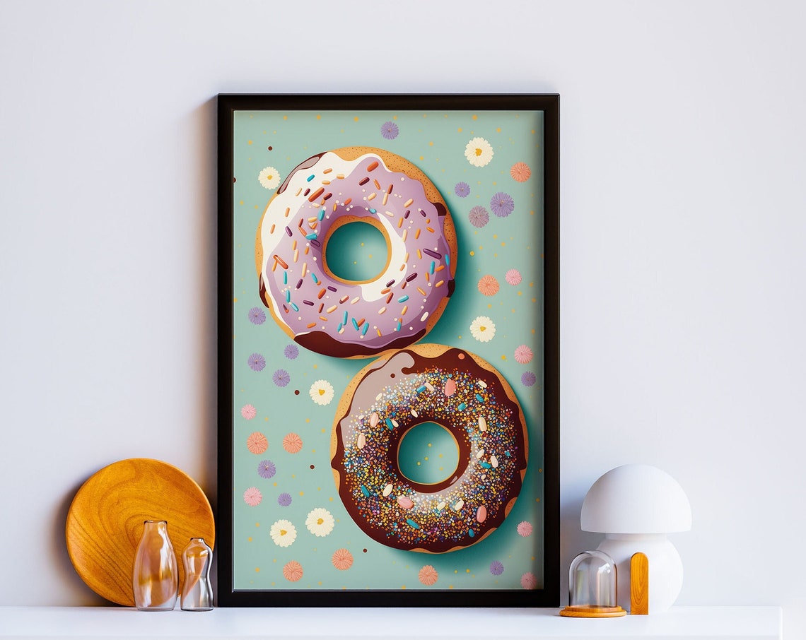 Two Sprinkle Donuts with Daisies on Mint Green Cute Kitchen Poster