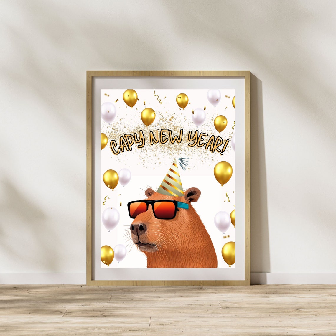 Capy New Year Poster Funny Capybara Party Hat Balloons New Year Print - Image 3