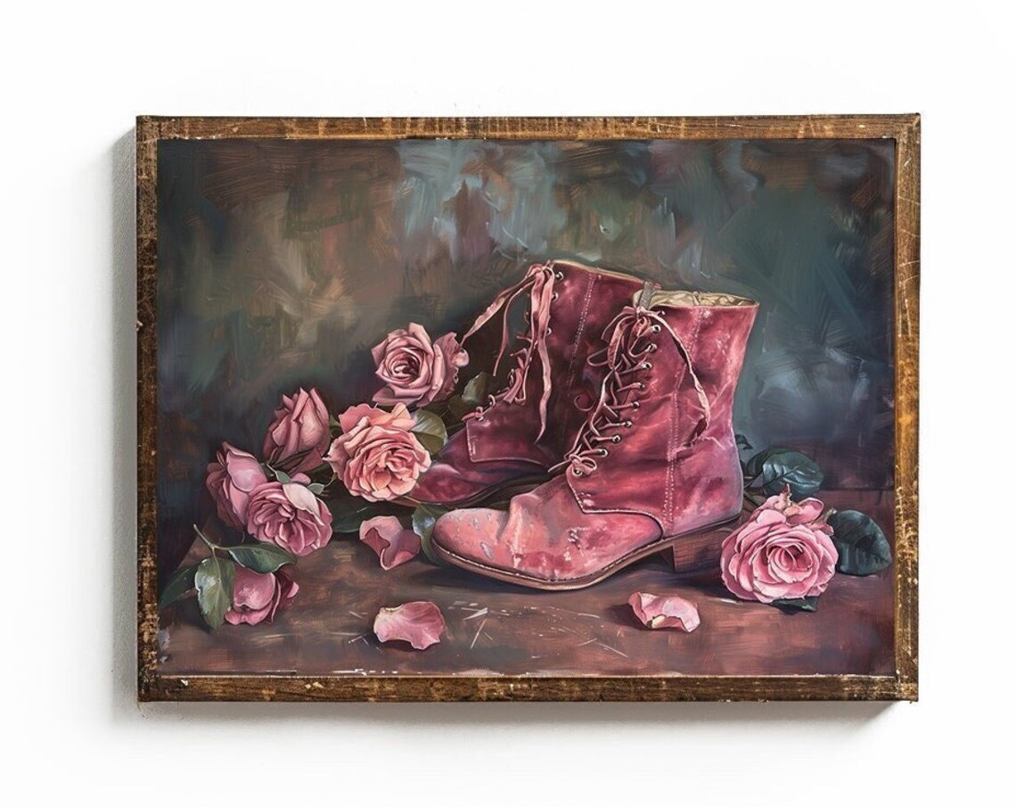 Vintage Red Lace-Up Boots With Pink Roses Moody Still Life Poster