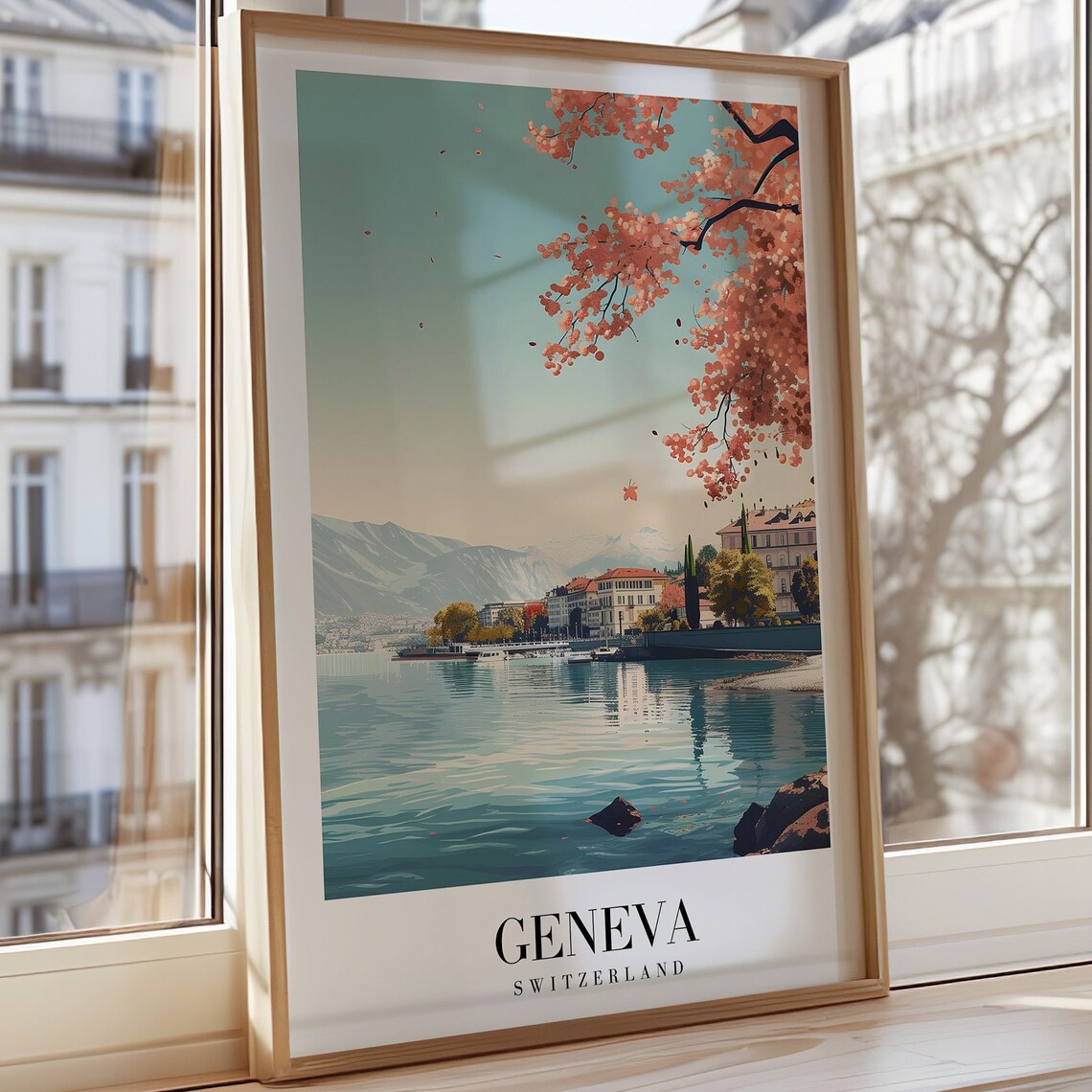 Geneva Switzerland Lake and Mountains Vintage City Travel Poster