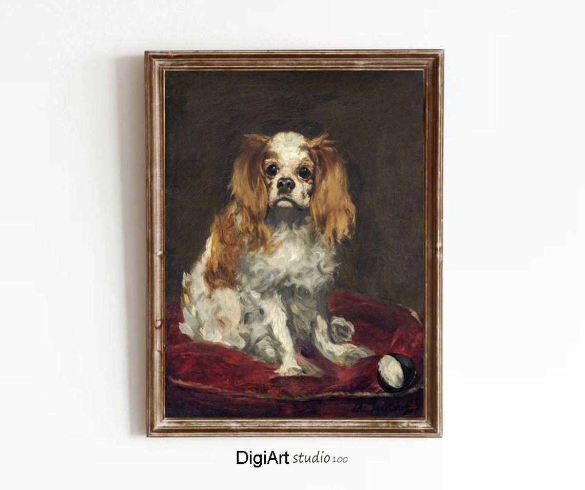 King Charles Spaniel Red Cushion Vintage Oil Painting Poster