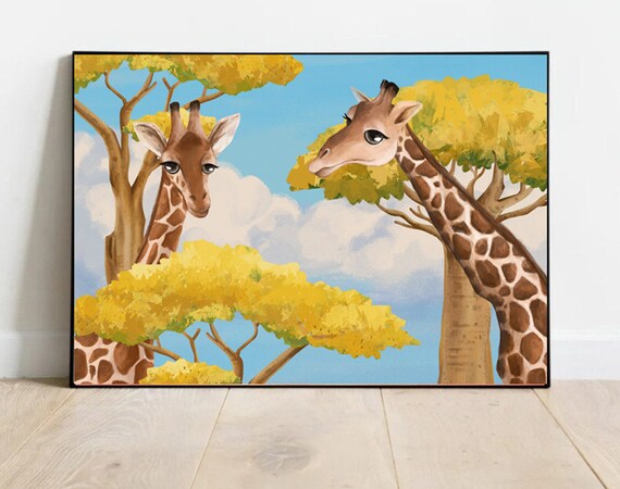 Two Cute Giraffes Yellow Savanna Tree Illustration Kids Poster