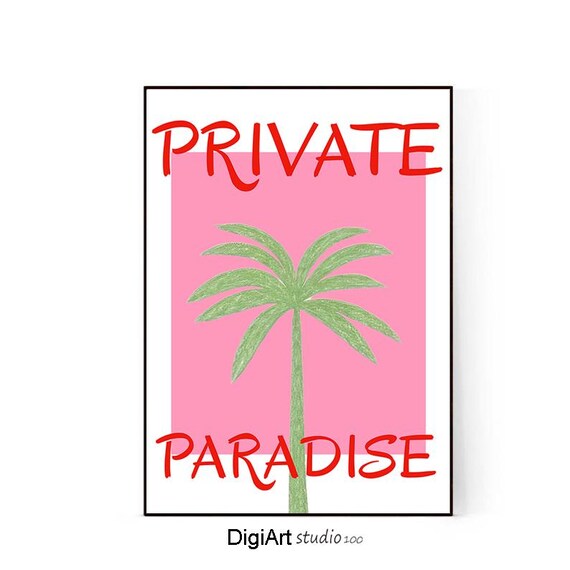 Palm Tree Wall Art Private Paradise Illustrated Print Retro Typography Green Botanical Wall Art Tropical Leaves Print