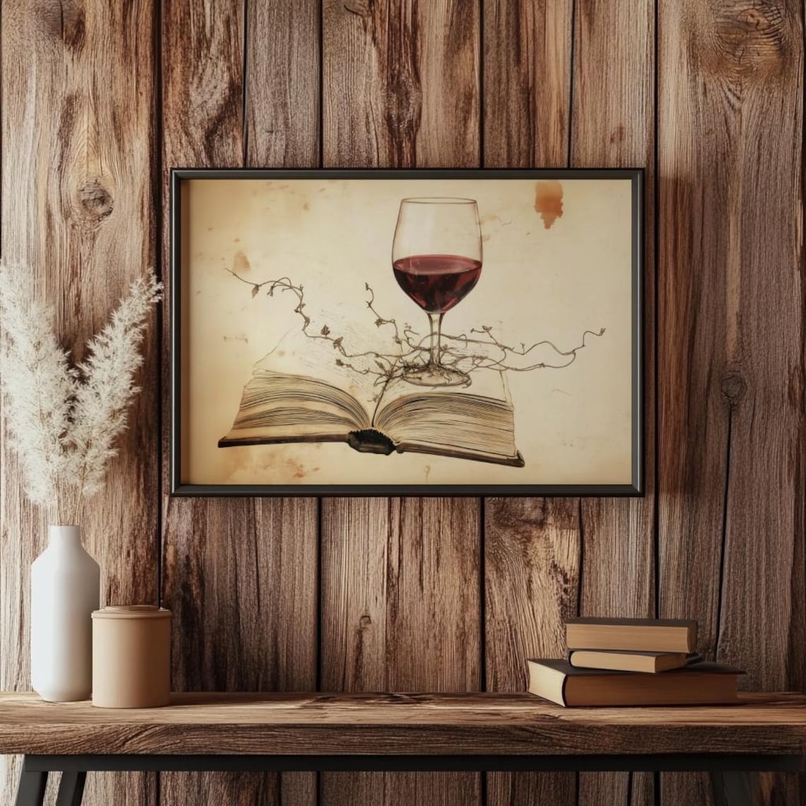 Red Wine Glass on Open Book Vintage Vineyard Still Life Poster - Image 3