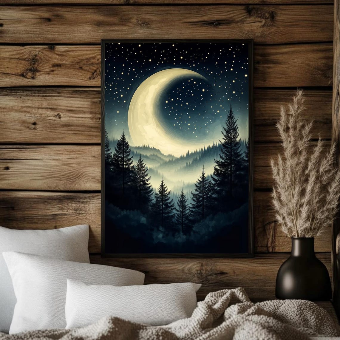 Crescent Moon Starry Night Sky Painting Surreal Misty Mountain Forest Print Celestial Moody Dark Academia Moon And Stars Wall Art - Image 3