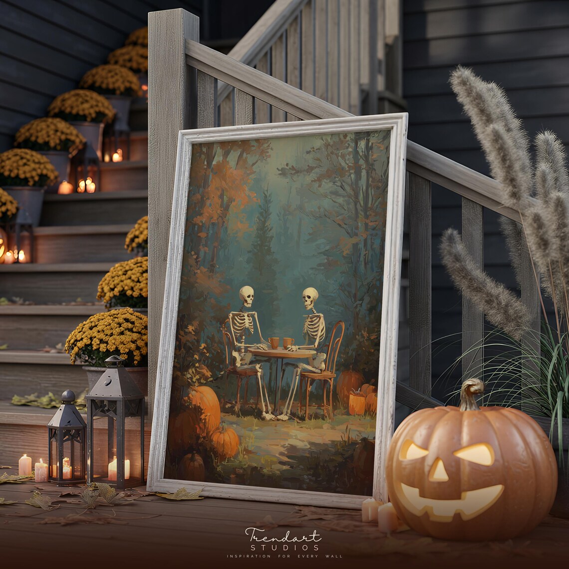 Spooky Wall Art Skeletons Drinking Tea Print Cozy Halloween Romantic Gothic Decor Da00046