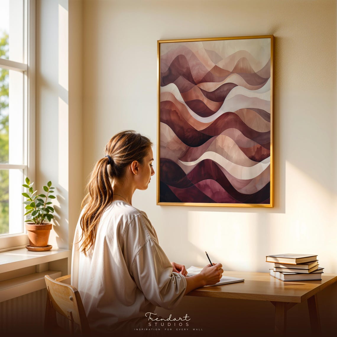 Burgundy and Rose Watercolor Waves Moody Abstract Art Poster