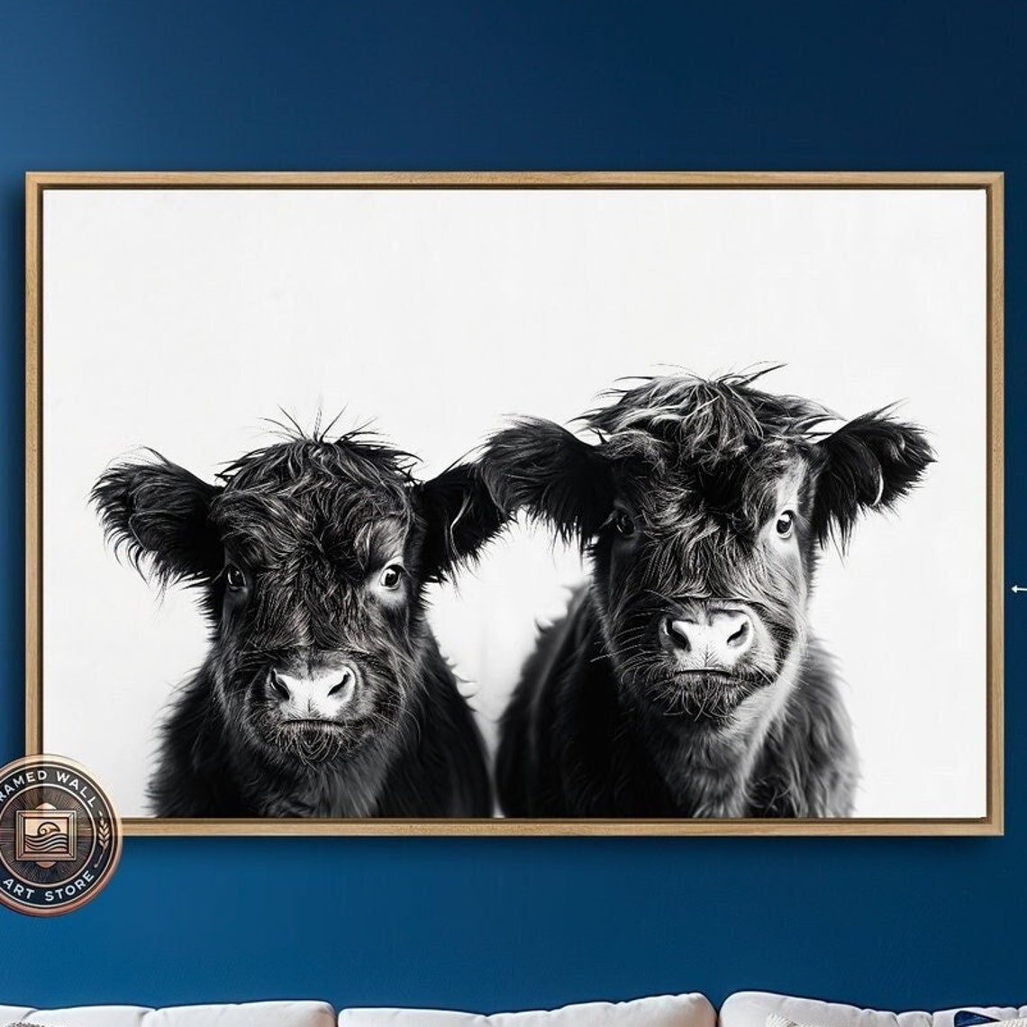 Black And White Highland Cattle Framed Print Cute Calf Wall Art Bovine Photography Print Rustic Charm Decor Ready To Hang