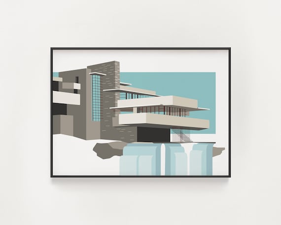 Frank Lloyd Wright Falling Water Print Architecture Poster Blue Gray