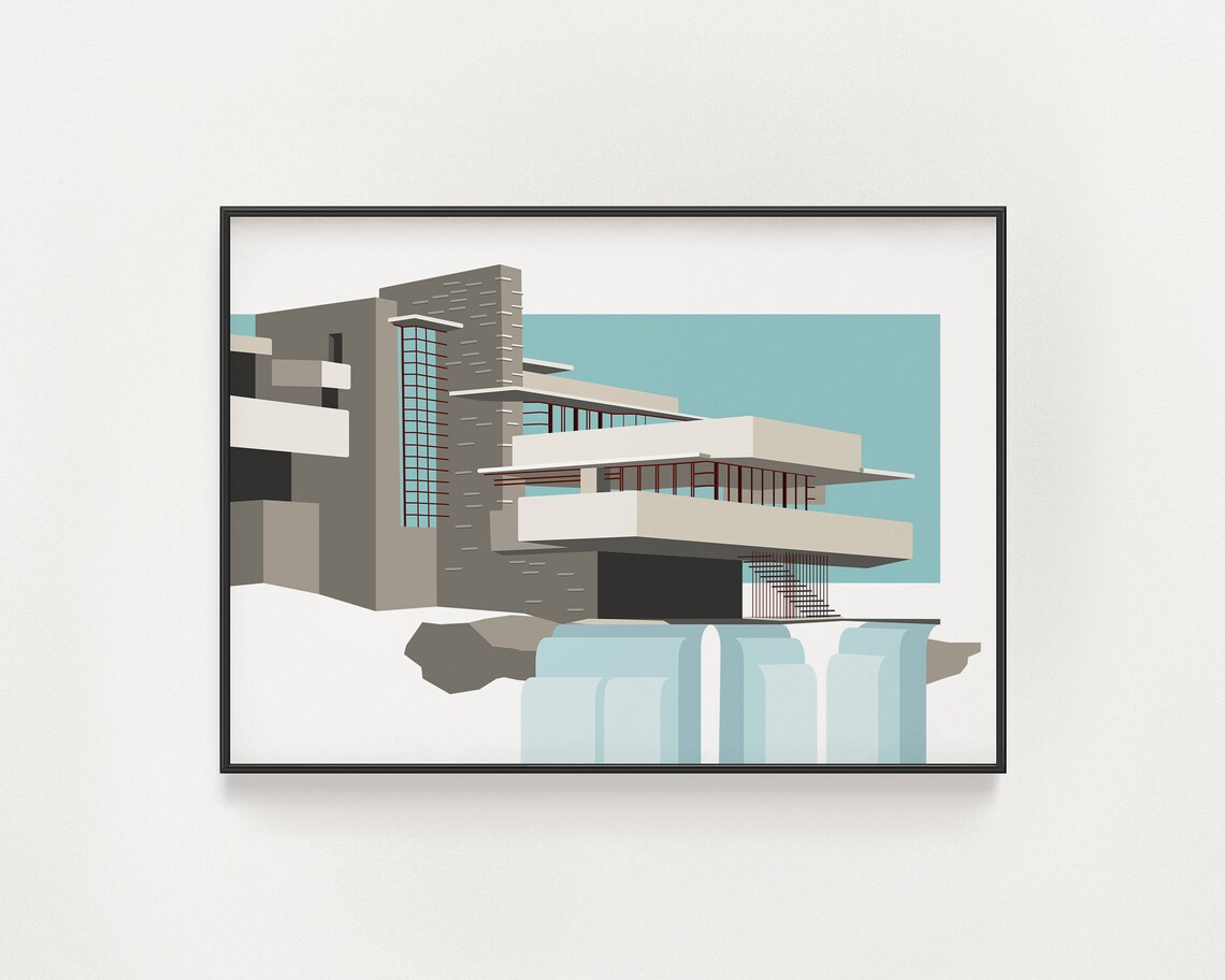Frank Lloyd Wright Falling Water Print Architecture Poster Blue Gray
