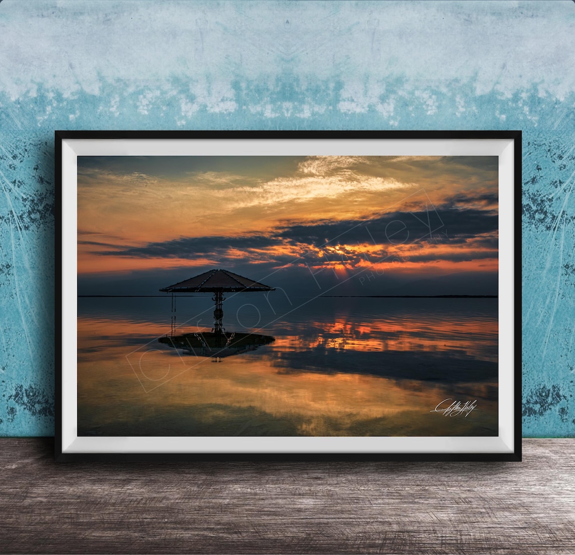 Dead Sea Sunrise Calm Waters Amber Sky Photography Art Print
