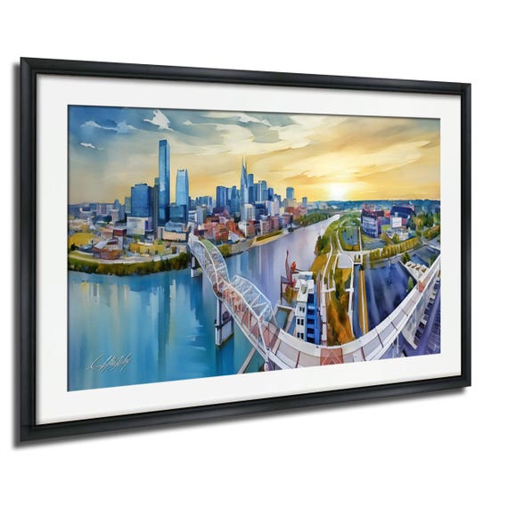 Nashville Cityscape Art Watercolor Bridge And Stadium Canvas Print