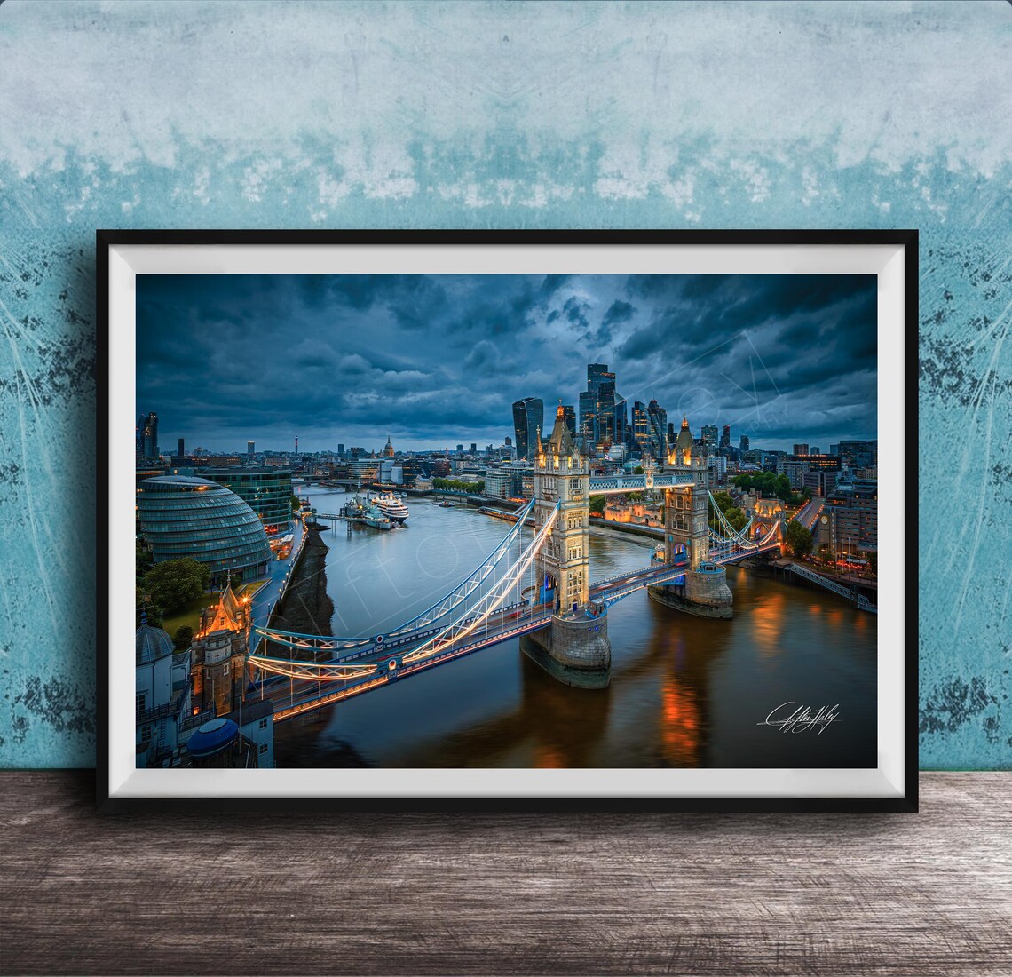 London Tower Bridge at Dusk City Skyline Night Photography Poster