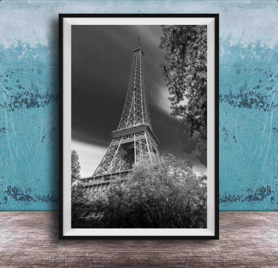 Black And White Eiffel Tower Dramatic Dark Sky Long Exposure Poster