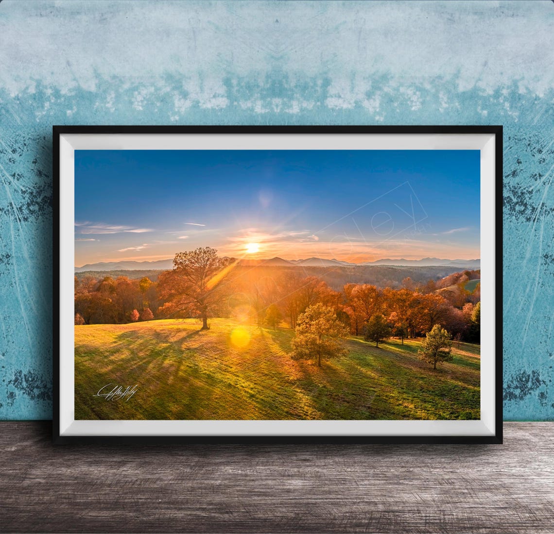 Sunrise Over Autumn Meadow With Blue Ridge Mountains Fall Poster