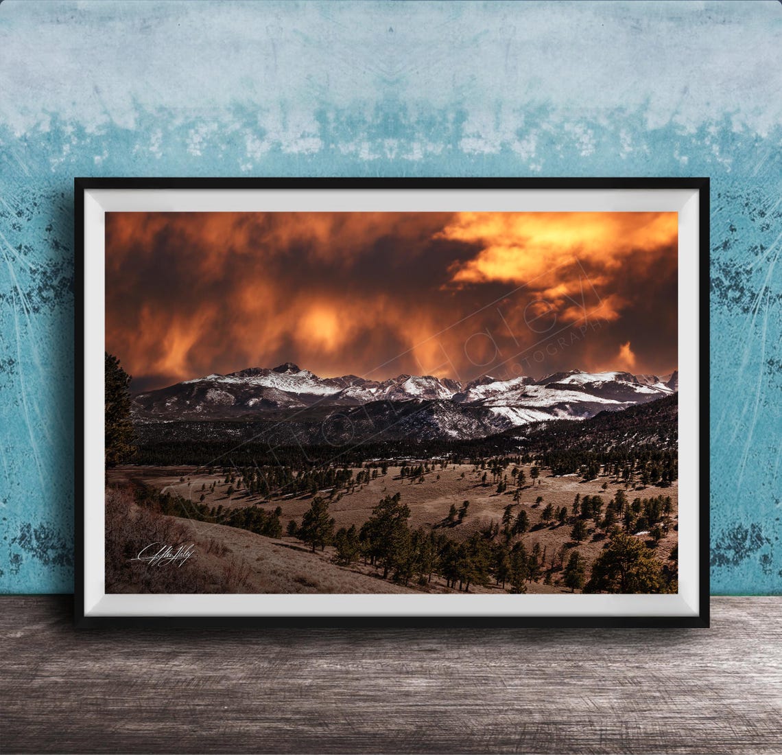 Rocky Mountain Sunset Orange Clouds Snow Peak Valley View Poster