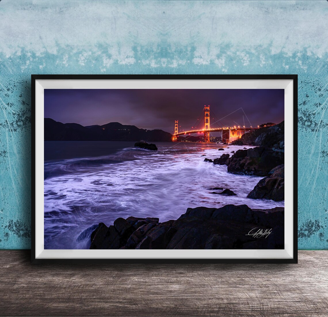 Golden Gate Bridge at Night Lit Towers Seascape Photography Wall Art