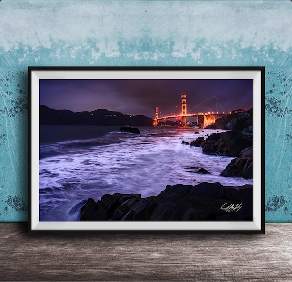 Golden Gate Bridge at Night Lit Towers Seascape Photography Wall Art