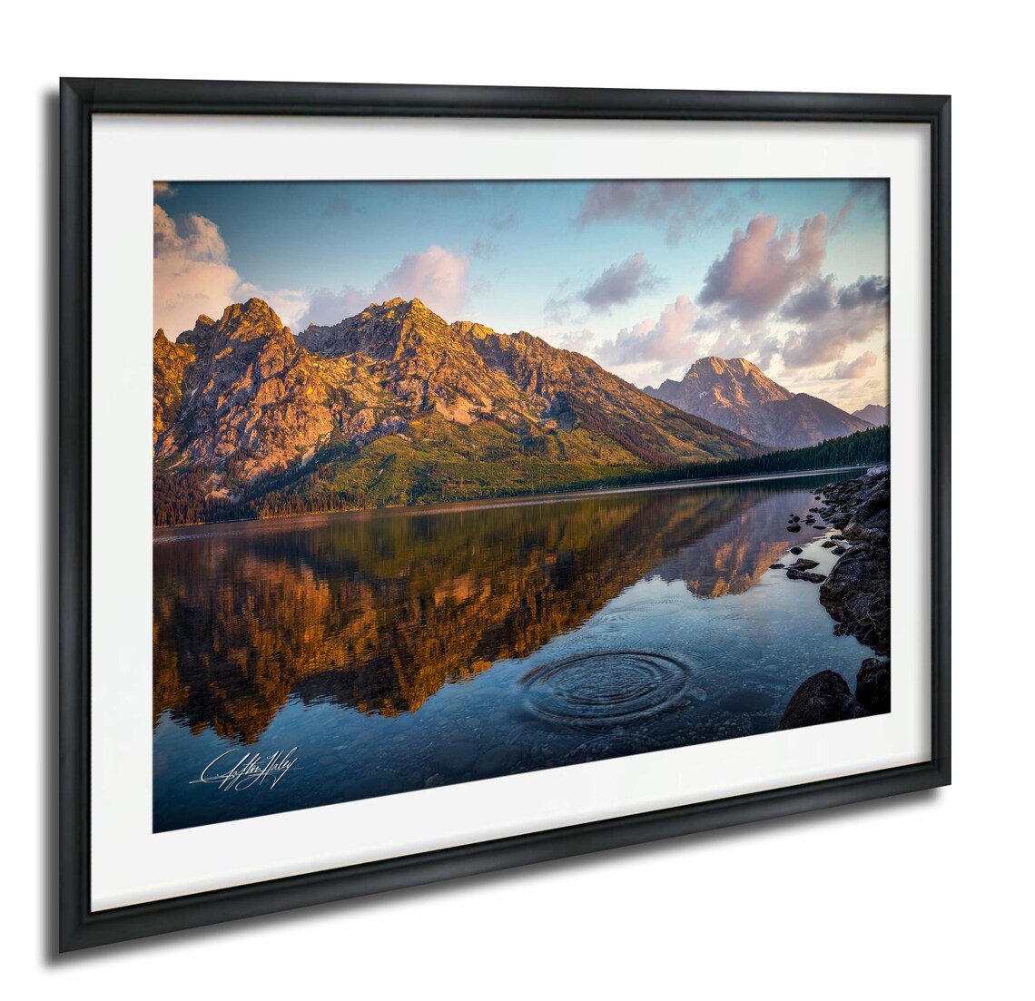 Mountain Reflection in a Calm Lake at Sunrise Nature Photo Poster