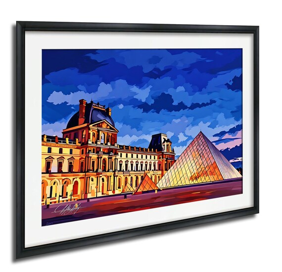 Paris Travel Poster Louvre Pyramid Watercolor Sunset