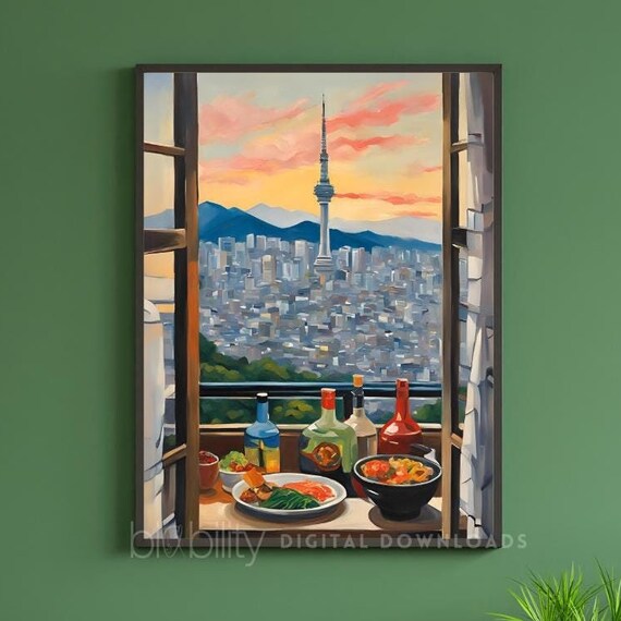 Seoul Window Painting N Tower Cityscape Korean BBQ Sunset Poster